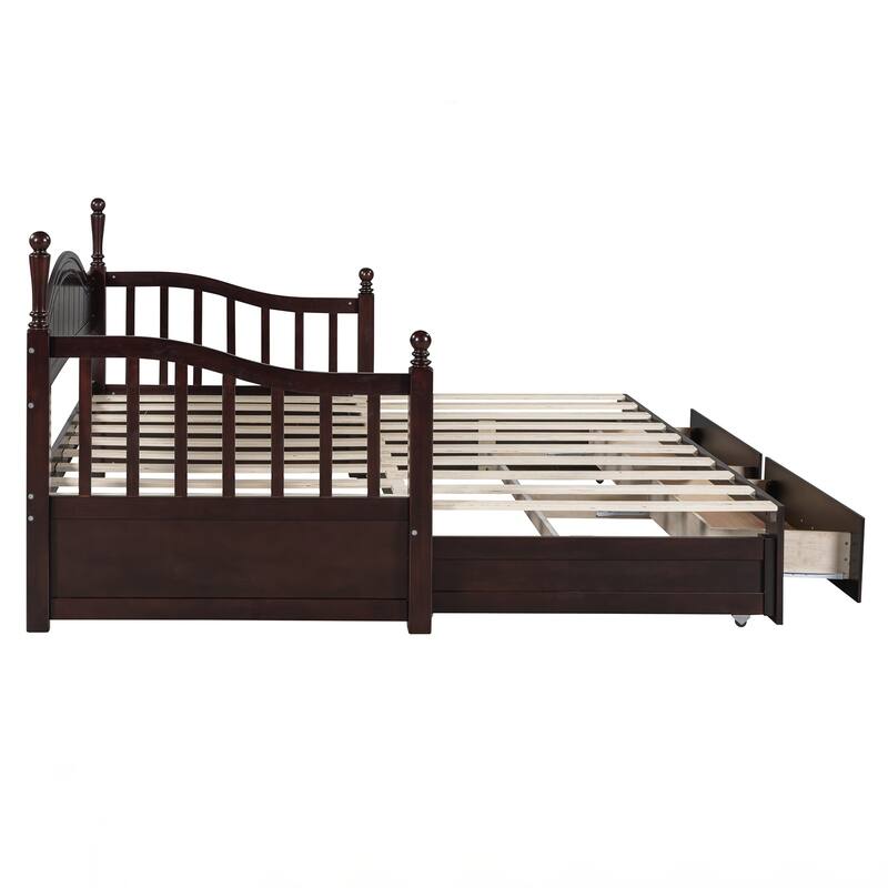 Wooden Twin Size Daybed with Twin Size Trundle, Extendable Daybed with Two Storage Drawers
