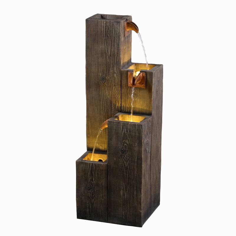LED Lighted Cascading Wooden Textured Outdoor Garden Water Fountain - 33.75"