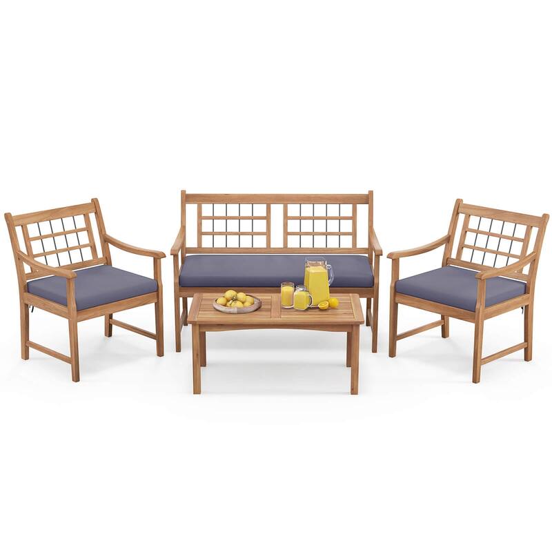 Gymax Set of 4 Wood Furniture Set w/ Seat Cushions & Solid Acacia Wood - Grey