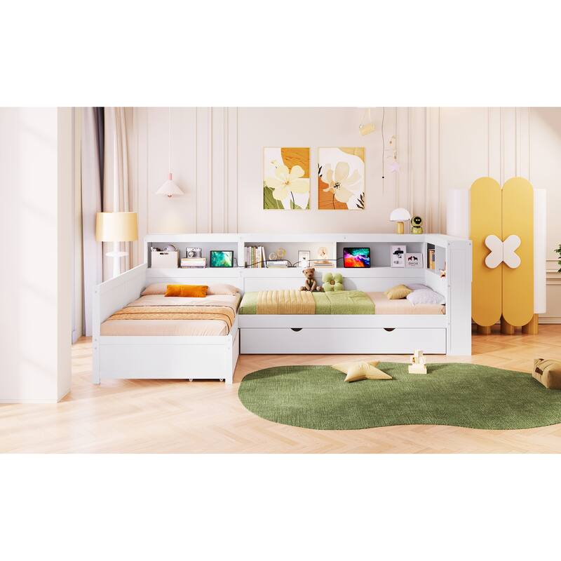 Twin Size L-shaped Platform Bed with Trundle, Drawer, and Charging Station, White