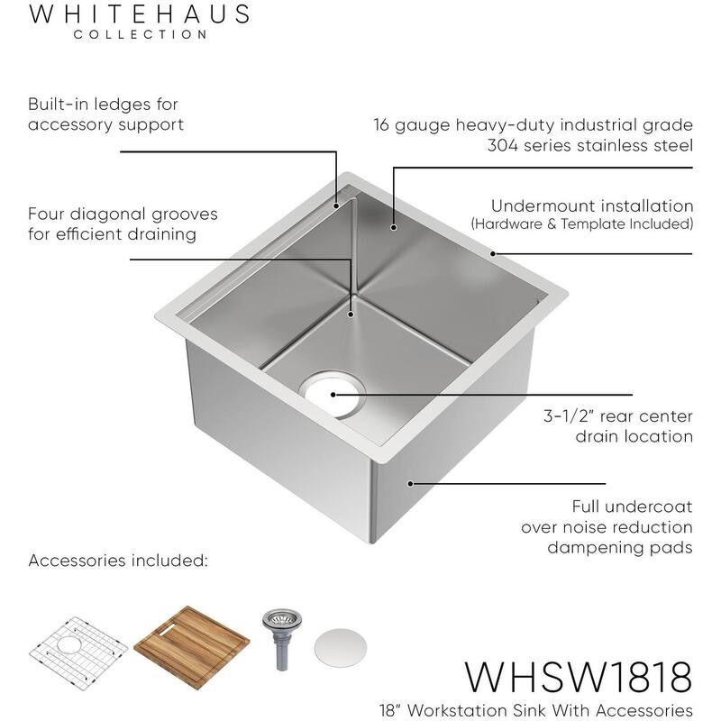 Whitehaus WHSW1818 18" Undermount Single Basin Stainless Steel Kitchen - Brushed Stainless Steel