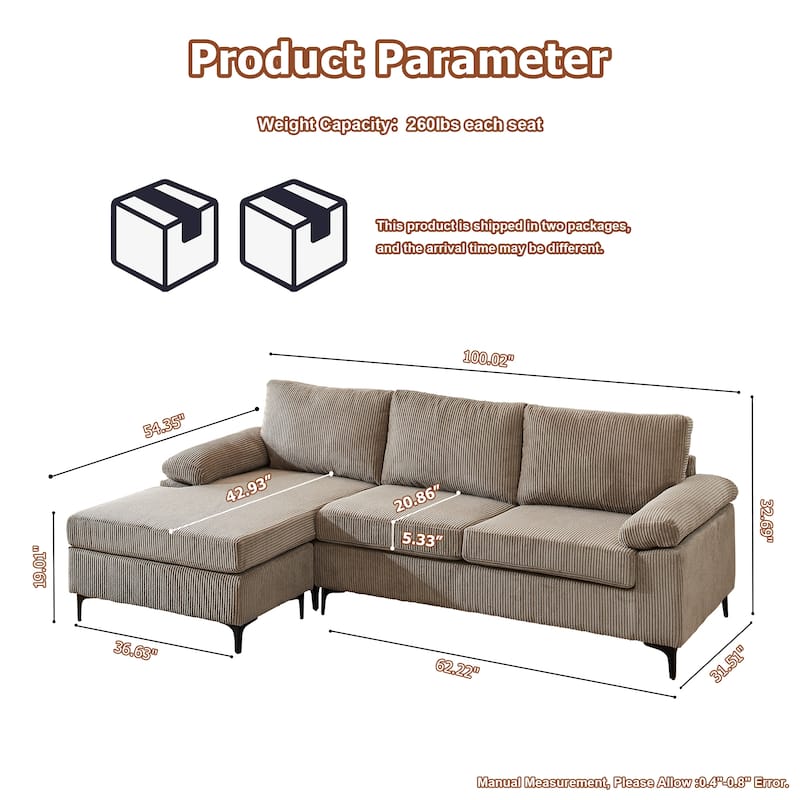 HOOOWOOO Living Room Wide Armrest Corduroy Fabric Chaise Reversible Sofa with Ottoman
