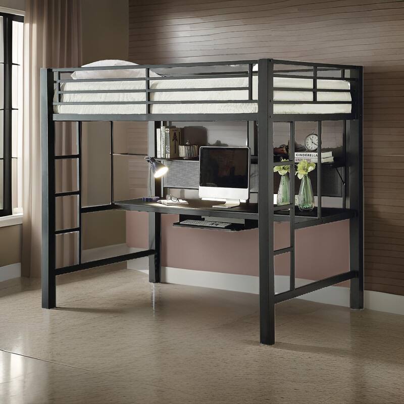 Metal Bunk Bed with Workstation and Guard Rails, Black