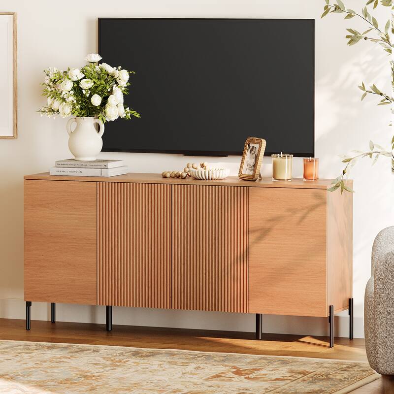 WAMPAT 61" Modern TV Stand For Tvs Up To 70 Inch, Reeded Entertainment Center With Storage, Wooden TV Console With 4 Doors