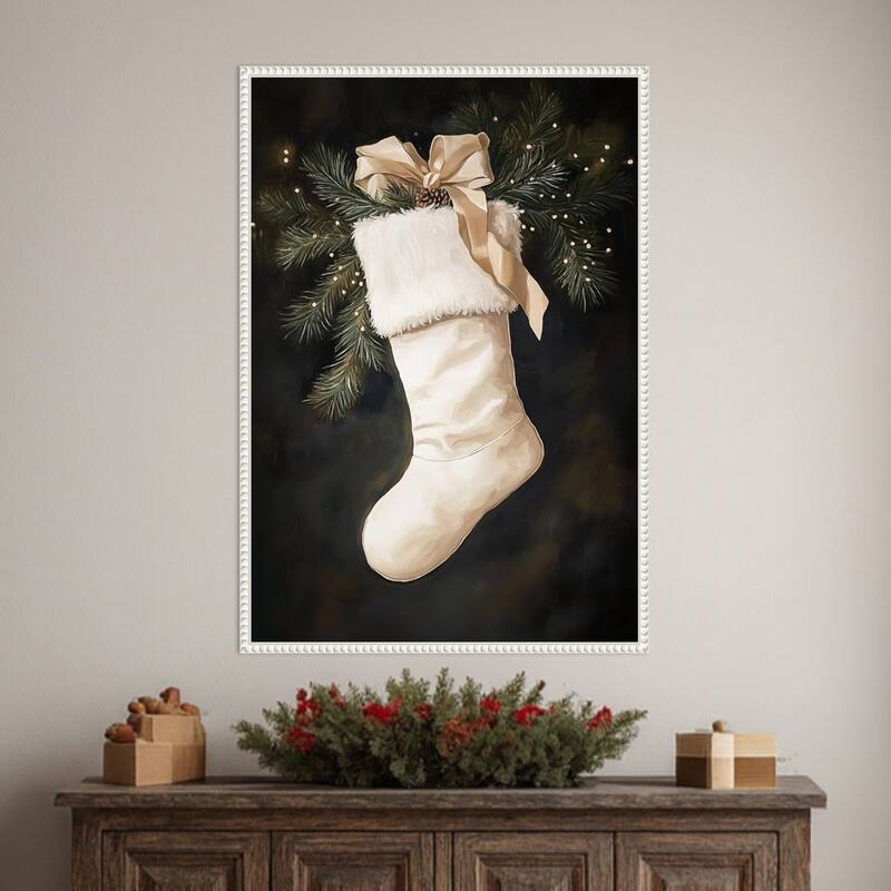 Christmas Stocking with Pine and Ribbon by Melloi Art Prints (23 x 33 in.), Framed Canvas Wall Art Print - Sylvie Beaded White