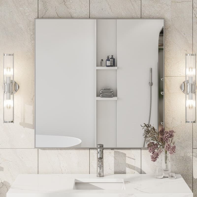 Eviva Vista 30" x 30" Square Brushed Nickel Metal Framed Mirror - Brushed Nickel