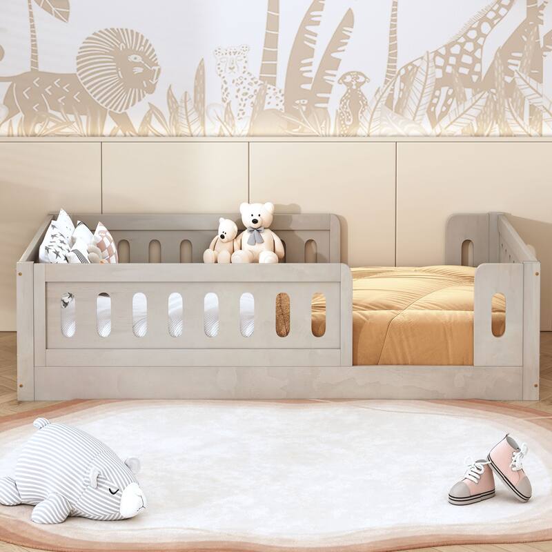 Kids Wood Floor Bed with Semi-Enclosed Guardrail and No-Slat Design