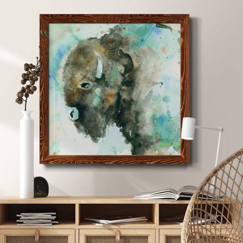 Buffalo On Blue-Premium Framed Canvas - Ready to Hang