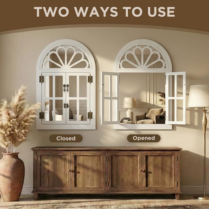 Solid Wood Arched Framed Windowpane Accent Mirror Wall Mirror