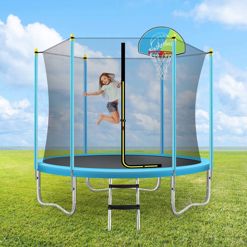 Kids Recreational Trampoline - Basketball Hoop, Safety Enclosure Net, Ladder, Backyard Use - Blue - 96