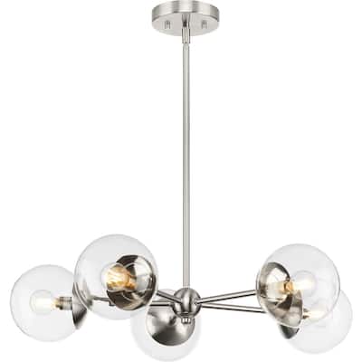 Atwell Collection Five-Light Brushed Nickel Mid-Century Modern Chandelier - 28 in x 28 in x 5.87 in