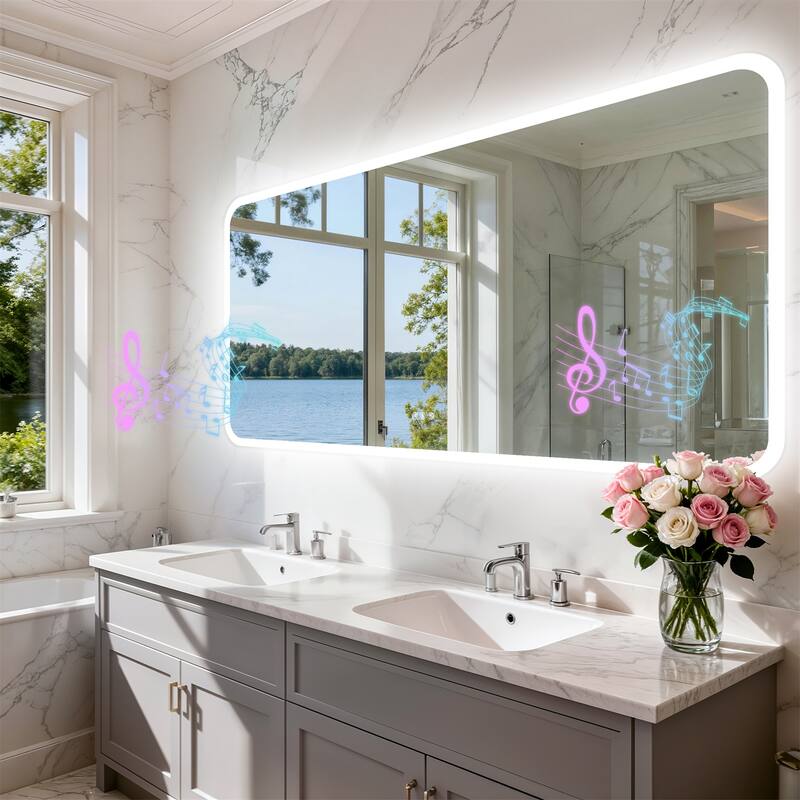 Bluetooth Speaker Smart LED Illuminated Tempered Glass Lighted Bathroom Mirror Backlight Wall Makeup Mirror