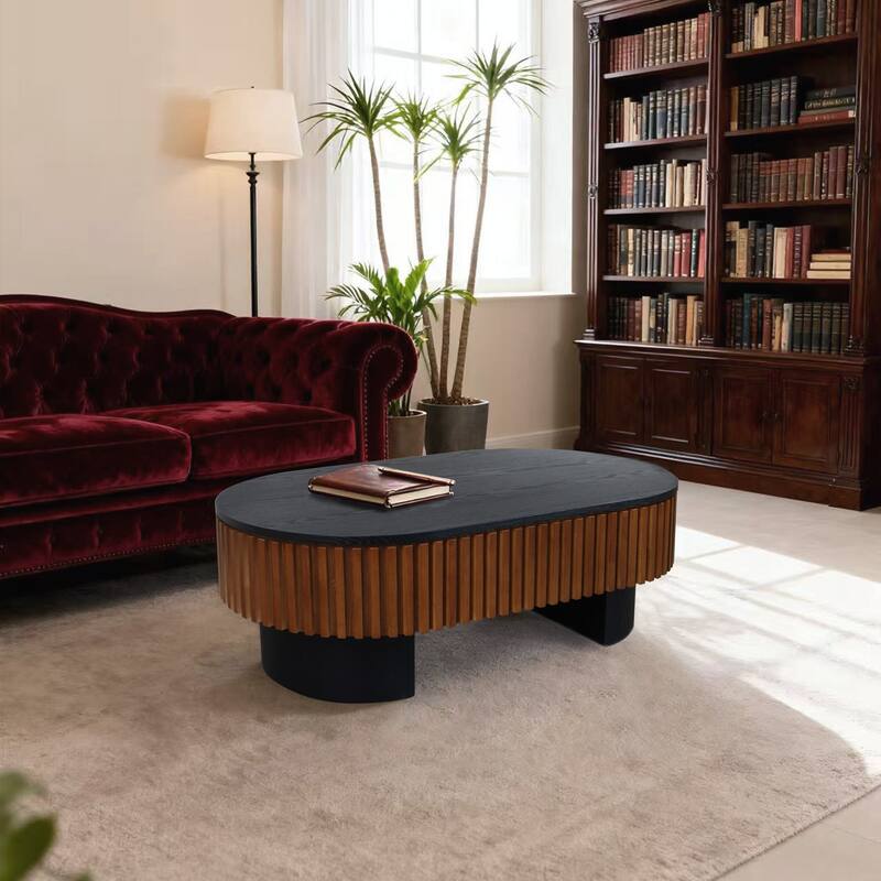 43.7" Black + Walnut Elliptical Coffee Table, Removable Top & Hidden Storage for Any Room - Brown+Black