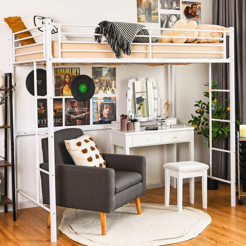 Twin Metal Loft Bed Frame 2 Ladders Guardrail Space-Saving White