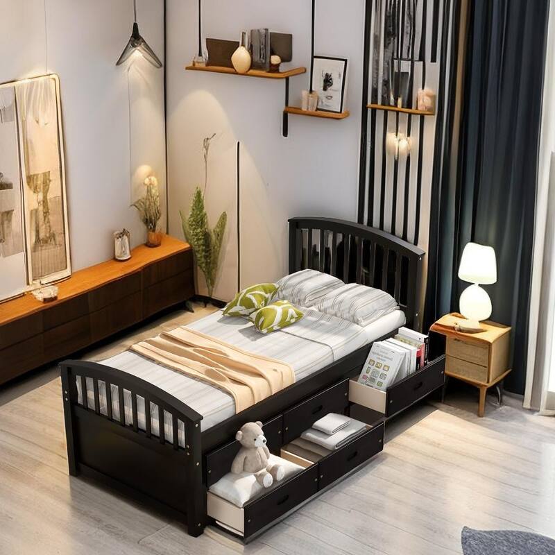 Twin Bed with Under Bed Storage Drawers Storage Bed Solid Wood Bed with 6 Drawers