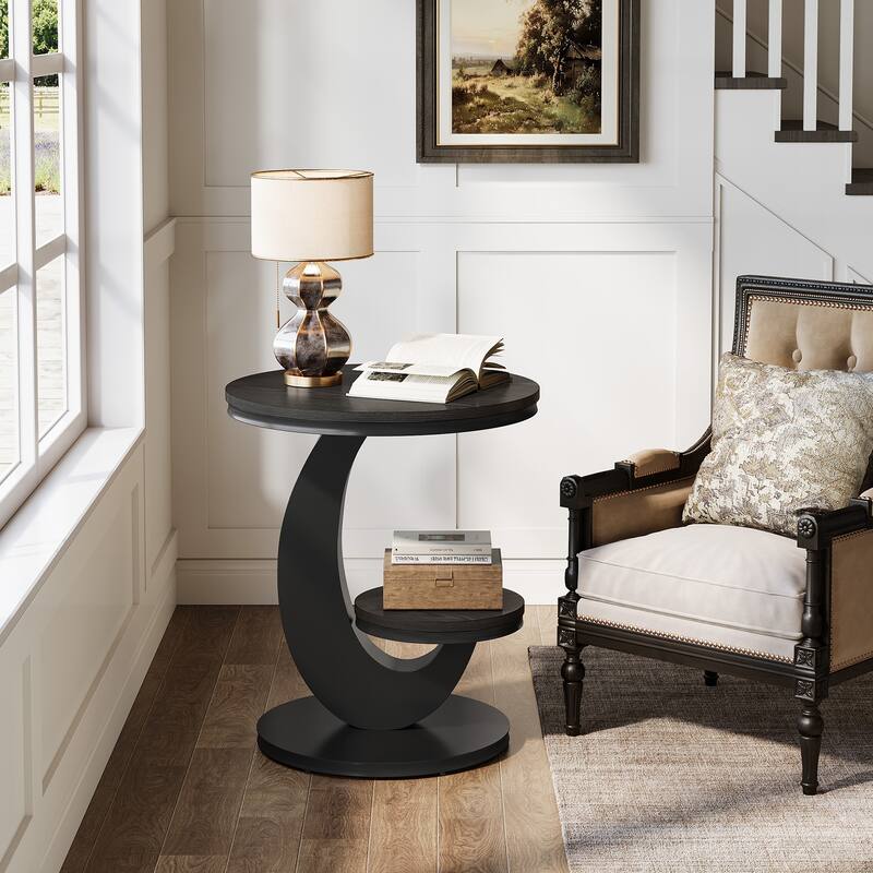 Round End Table, 2 Tiers Side Table with Storage Shelf