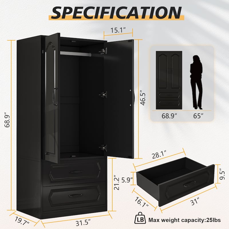 69" Wooden Armoire Wardrobe Closet with Drawers, Modern Bedroom Storage Cabinet with Hanging Rod