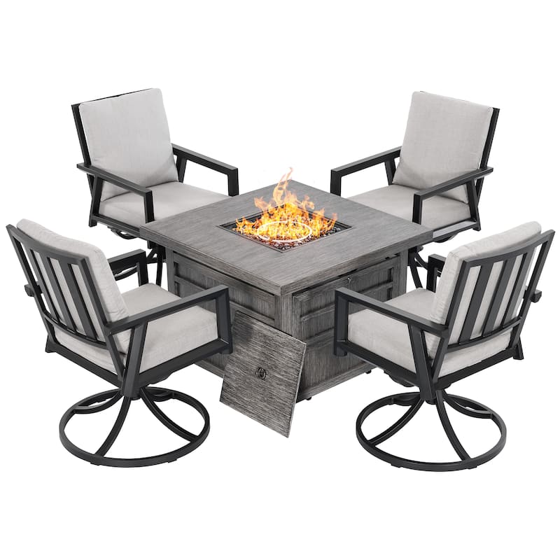 5-Piece Fire Pit Set with 4 Swivel Chairs, Aluminum Frame, Gray