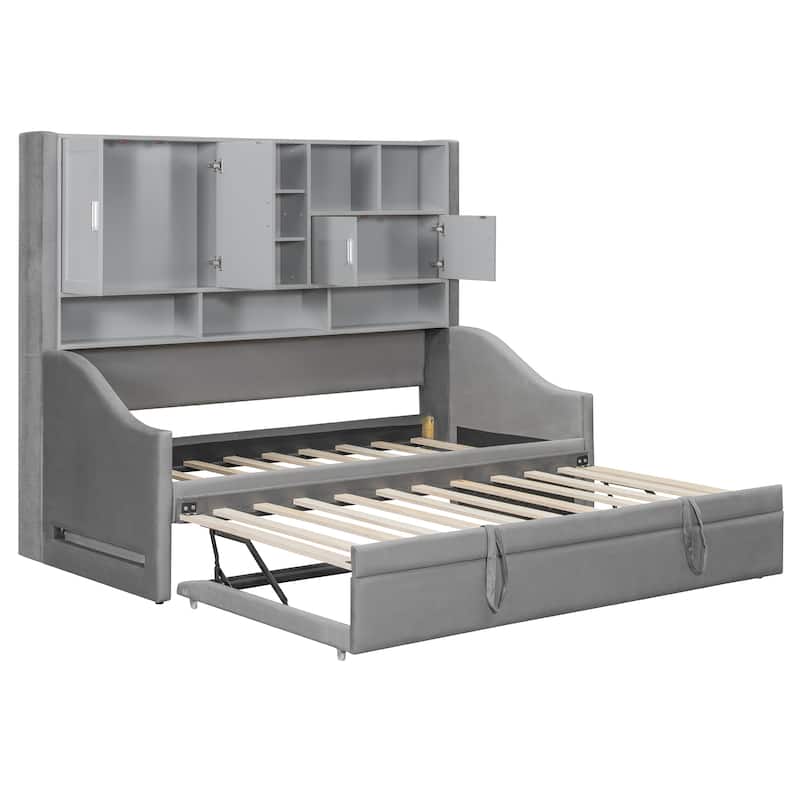 Convertible Twin Daybed with LED Armrests, Storage Shelving & Pop-Up Trundle by Harper&Bright Designs