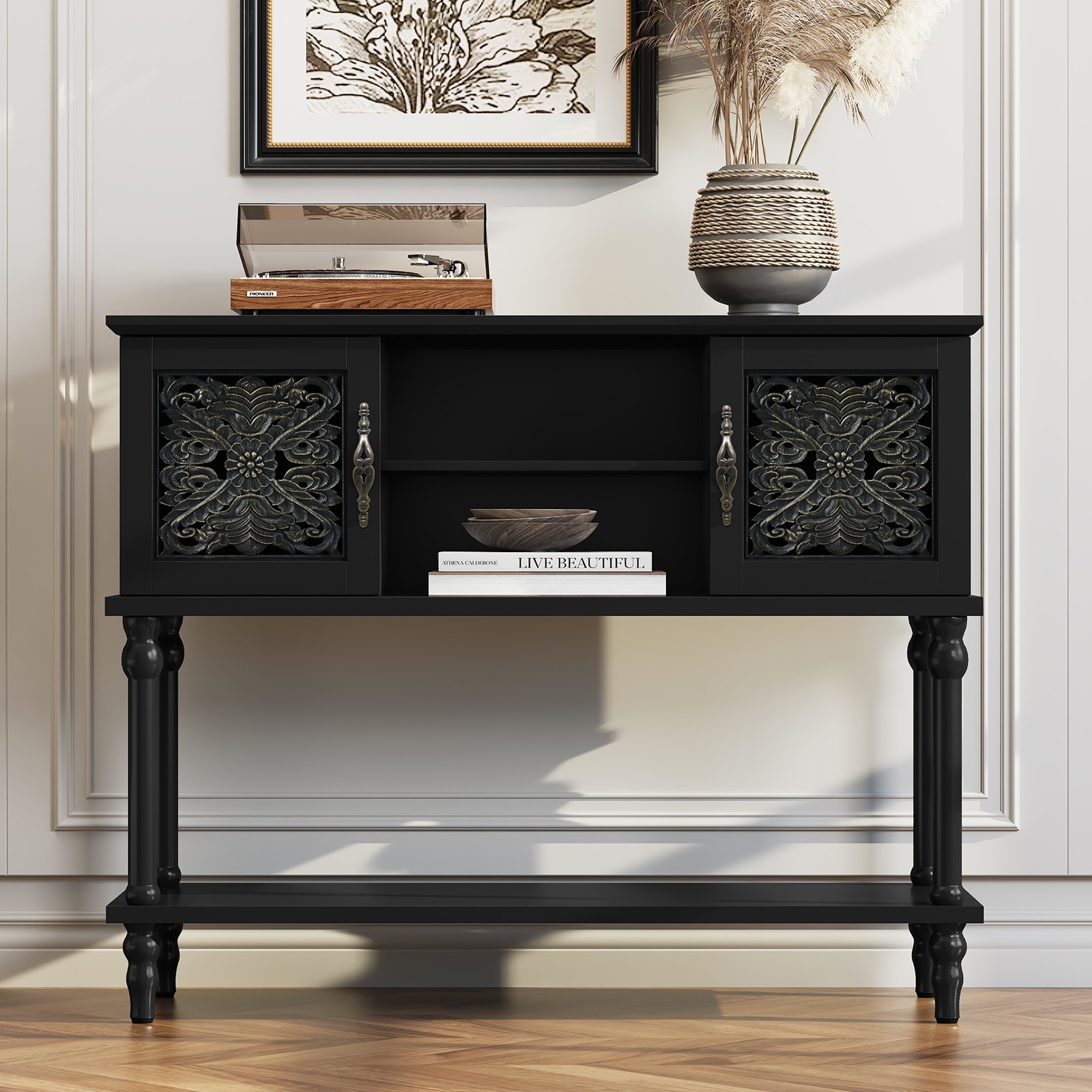 Vintage Carved Console Table, Entryway Table with Open Shelf