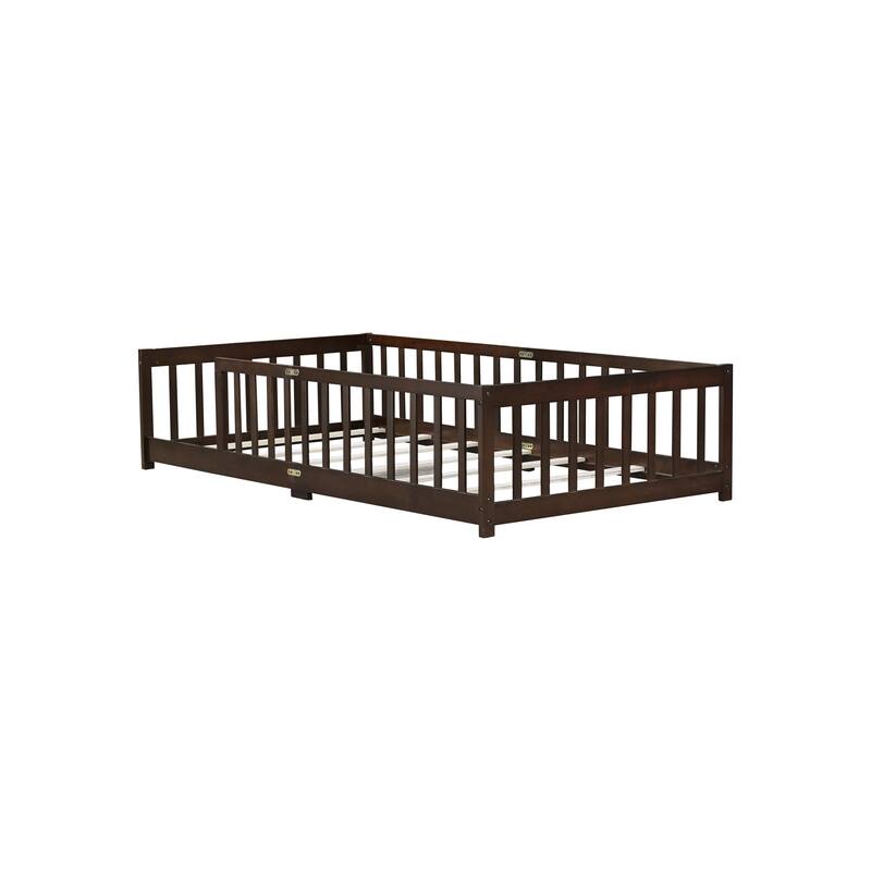 Twin Size Floor Bed with Fence without Door, Rubber Wood Floor Bed with Safety Guardrails