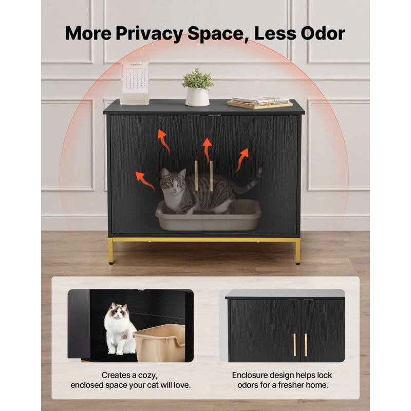 Black Cat Litter Box Cabinet with Enclosed Odor-Blocking Design Spacious Interior and Metal Legs - 27.56 x 17.72 x 21.46 in