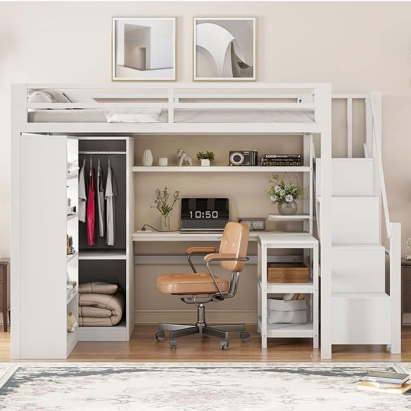 slide 2 of 13, Full Size Loft Bed with Built-in Desk and Wardrobe, Kids Metal Bed Frame with USB Ports, 5-layer Shelf for Bedroom White - Full