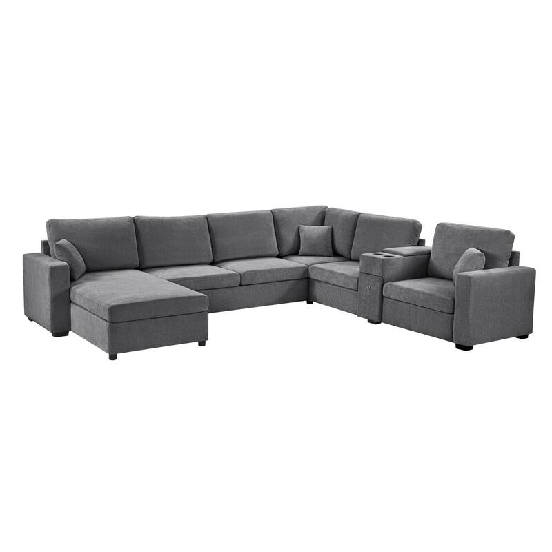 Modern 5-Seat Modular U-Shaped Sectional Sofa with Chaise, Storage Drawer, Built-In Cup Holders and Throw Pillows