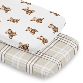 Sweet Jojo Designs Boho Teddy Bear Boy, Girl, Gender Neutral 2 Pack Baby Bassinet Fitted Sheets Taupe Plaid & Watercolor Classic