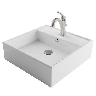 Kraus 3-in-1 Set White Square Ceramic Vessel Sink Arlo Faucet w/ Drain