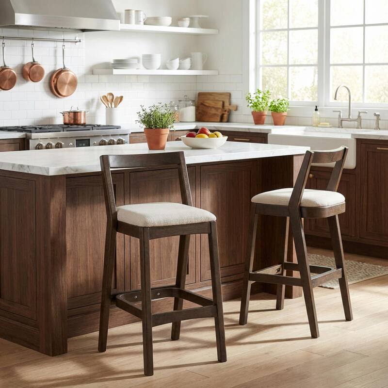 Roomfitters Jasper Indoor Rubberwood Barstools with Cushioned Seat, Beige Set of 2 - Set of 2