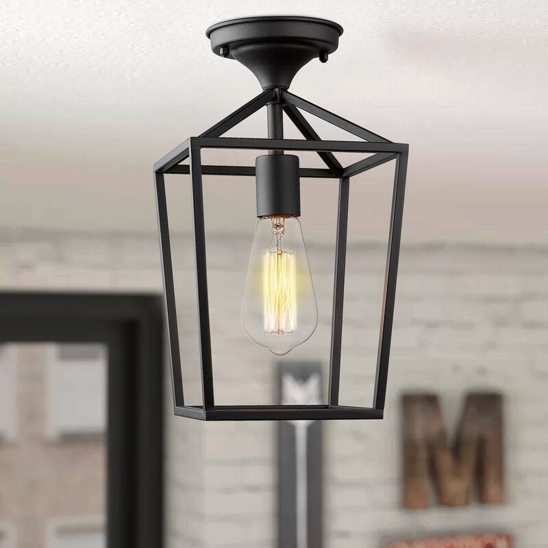 Black Metal 12.9" Caged Semi Flush Mount Ceiling Lighting
