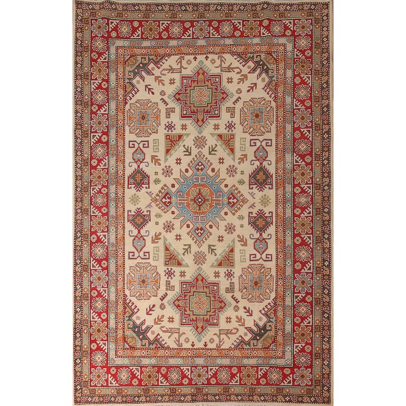 Geometric Kazak Oriental Area Rug Handmade Yellow Wool Carpet - 6'10" x 10'7"