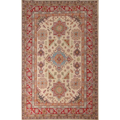 Geometric Kazak Oriental Area Rug Handmade Yellow Wool Carpet - 6'10" x 10'7"