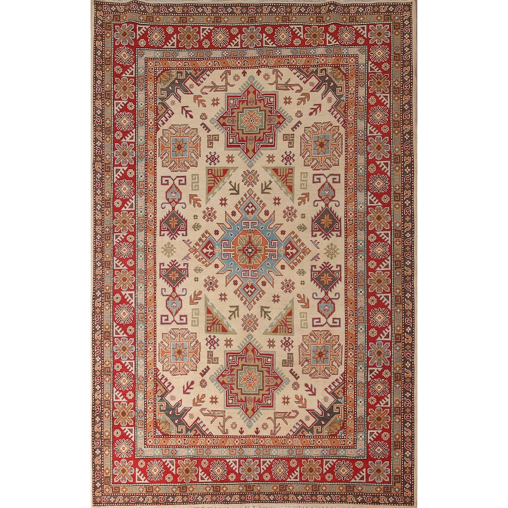 Geometric Kazak Oriental Area Rug Handmade Yellow Wool Carpet - 6'10" x 10'7"