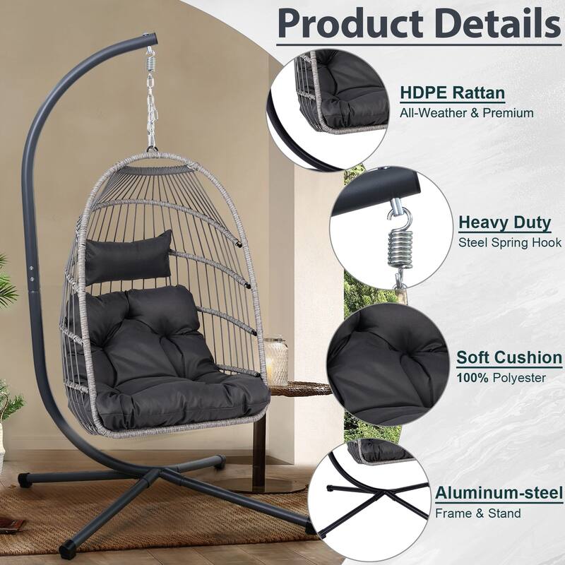 Wicker Egg Hanging Chair with Stand for Patio Indoor Outdoor - 24.4