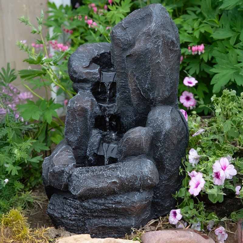 Rock Falls Solar Outdoor Water Fountain w/ Battery - 22" Water Feature