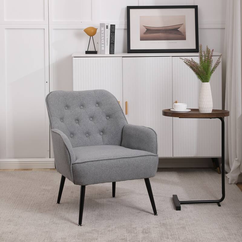 Modern Mid Century Chair Linen Sherpa Armchair for Living Room Bedroom Office Easy Assemble - Light Gray