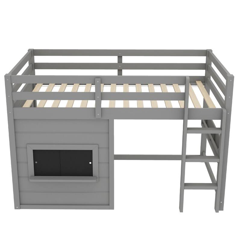 Kids Playful Loft Bed with Built-in Bookshelf and Sliding Chalkboard