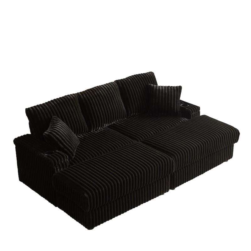 84" Corduroy 3-Seater Sofa with Storage, Ottoman and Cup Holders, Includes 5 Pillows