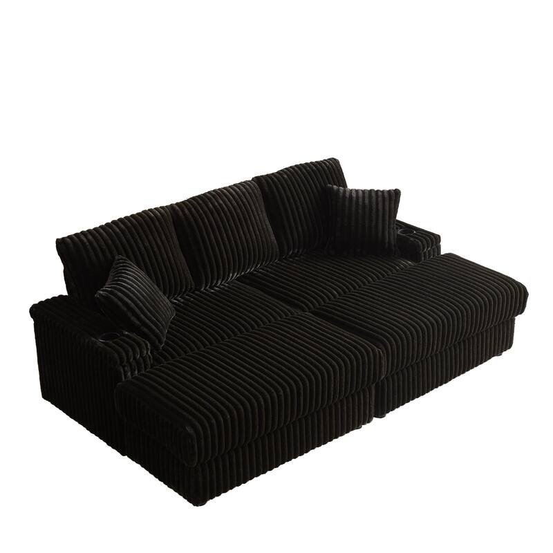 Deep Seat Sectional Loveseat Set with 2 Ottoman and 2 Pillows, Corduroy Chaise Lounge Bed with 2 Storage Spaces and Cupholding