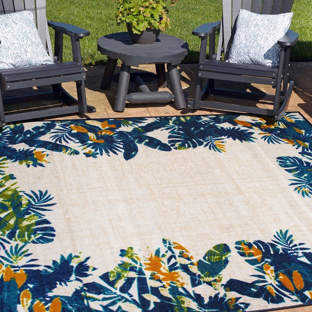 Contemporary Floral Border Indoor/Outdoor Area Rug