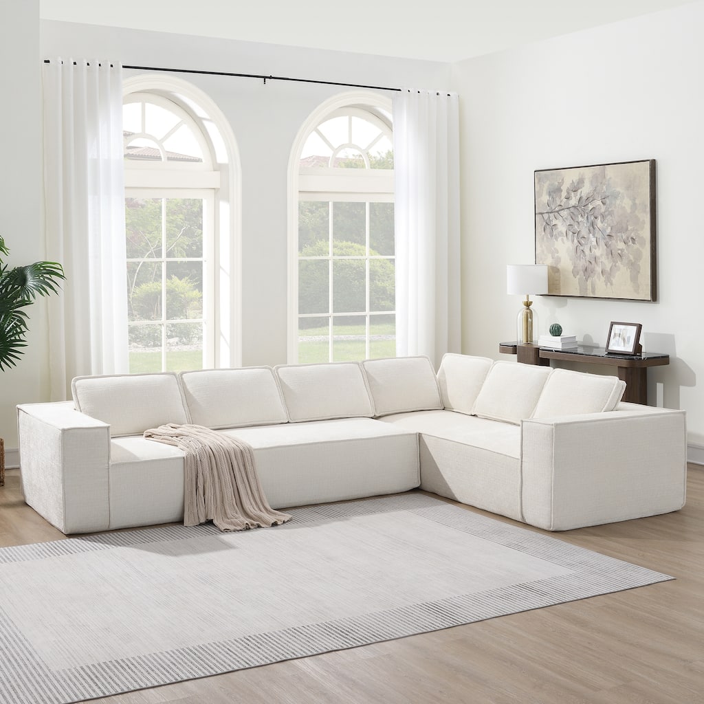 129.5" Modular Sectional Sofa, 6 Seat Wrinkle-resistant Chenille Couch Set, No Assembly, Beige