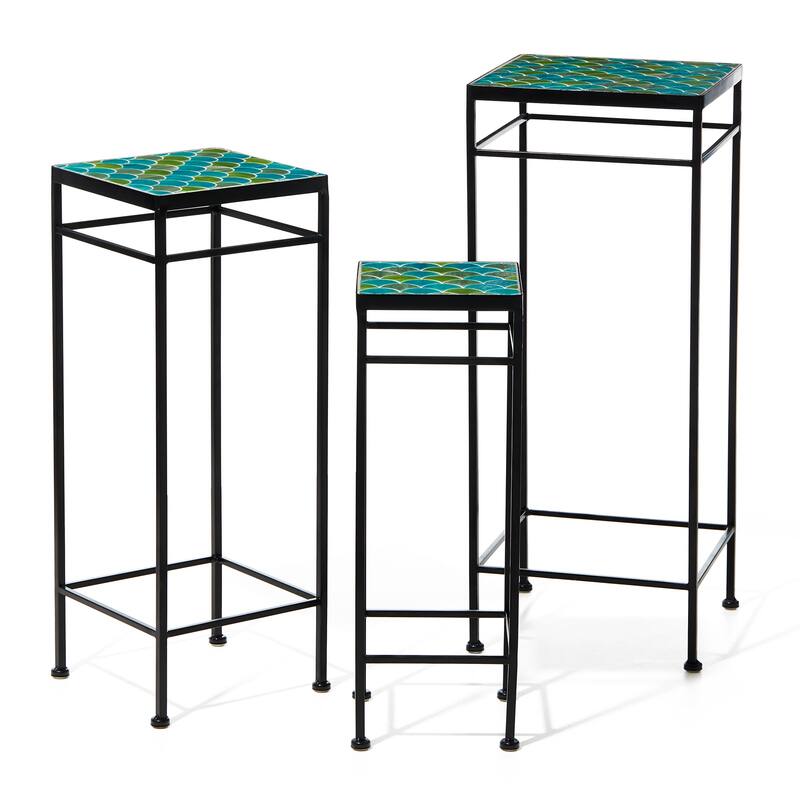 Glitzhome Set of 3 Metal Nesting Planter Stands Square Plant Holder with Green Pattern Ceramic Tiles Table Top