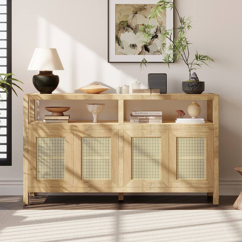 Rattan 4 Door Sideboard Cabinet, Large Wood Storage Cabinet, Console Table with Adjustable Shelves for Living & Dining Rooms