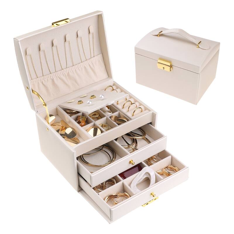 3 Layer Jewelry Box for Women, PU Leather Jewelry Organizer Case Storage Display Holder with Drawer, Removable Jewelry Tray