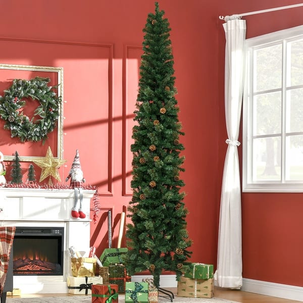 slide 2 of 9, HOMCOM 9.5 Foot Unlit Pencil Artificial Christmas Tree, Slim Xmas Tree with Realistic Branches, Pine Cones, Metal Base - 9.35 ft 9.5 Foot - Green