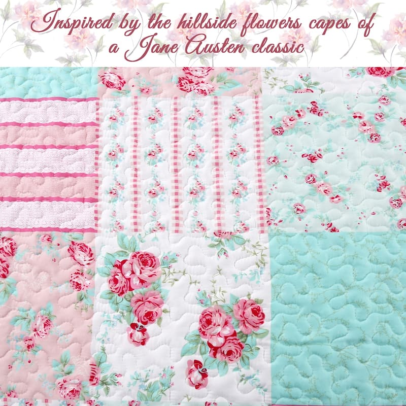 Cozy Line Tiffany Pink Garden Floral Patchwork Print Pink White Microfiber Reversible DayBed Quilted Bedding Set