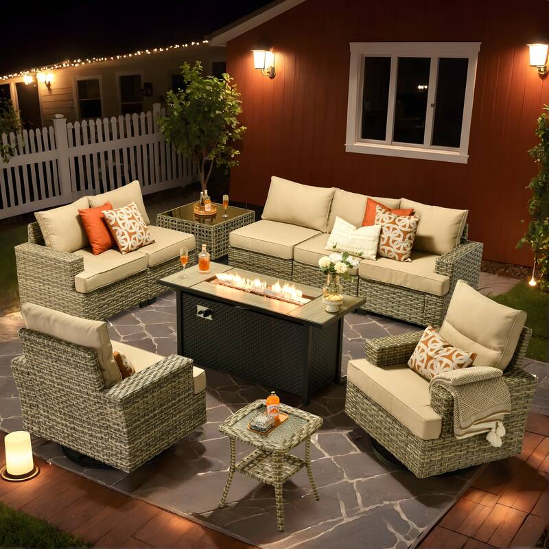 HOOOWOOO 10-piece Rattan Wicker Patio Outdoor Furniture Fire Pit Set with Swivel Rocking Chairs - Beige
