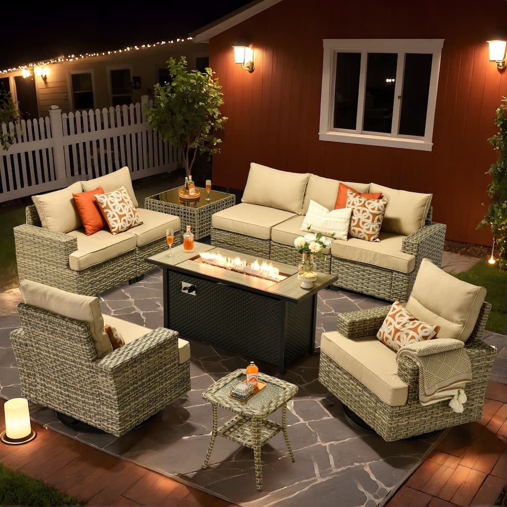 HOOOWOOO 10-piece Rattan Wicker Patio Outdoor Furniture Fire Pit Set with Swivel Rocking Chairs